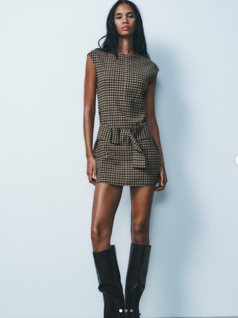 ZARA Gingham Plaid Belted Mini Dress Black Tan Size M